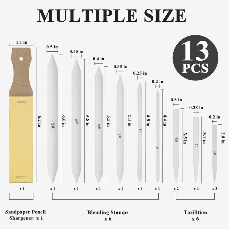 Aenir Blending Stumps for Drawing, Tortillons Blending Stumps Set of 13 Pack with Sandpaper Pencil Sharpener, Paper Art Blenders Tools for Charcoal, Graphite, Drawing Tools for Artists. (13) - Image 2